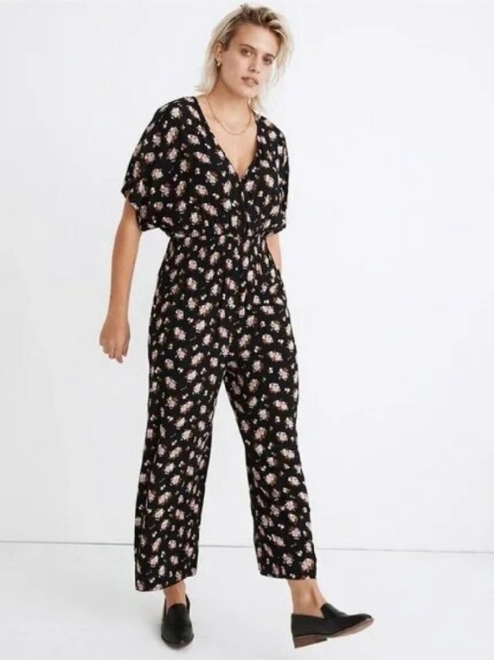 Madewell Floral V-Neck Wide-Leg Jumpsuit - Black with Pink Flowers szL - Picture 3 of 13